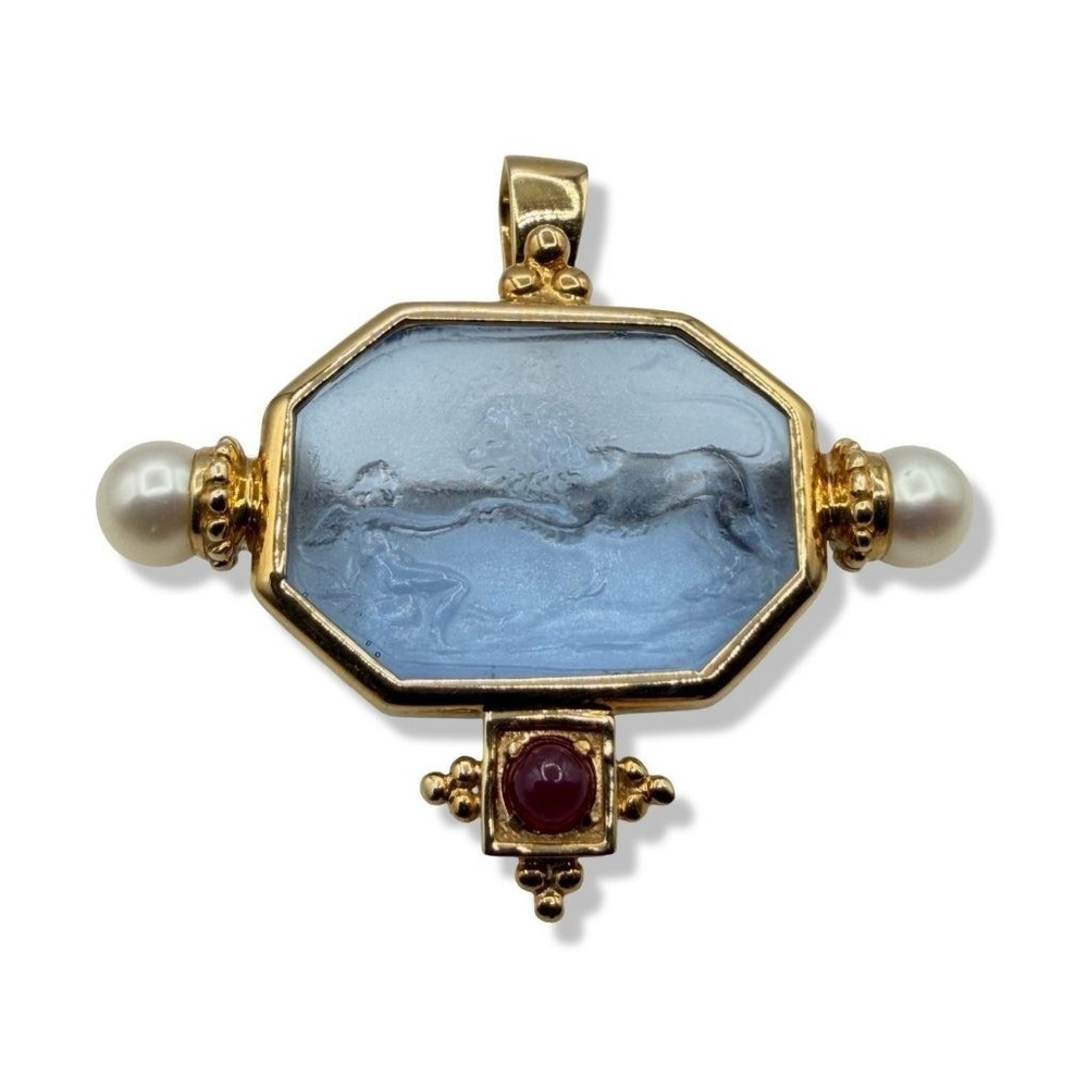 Tagliamonte 14K Gold Venetian Glass Intaglio Brooch Pendant Lion Pearls Italy